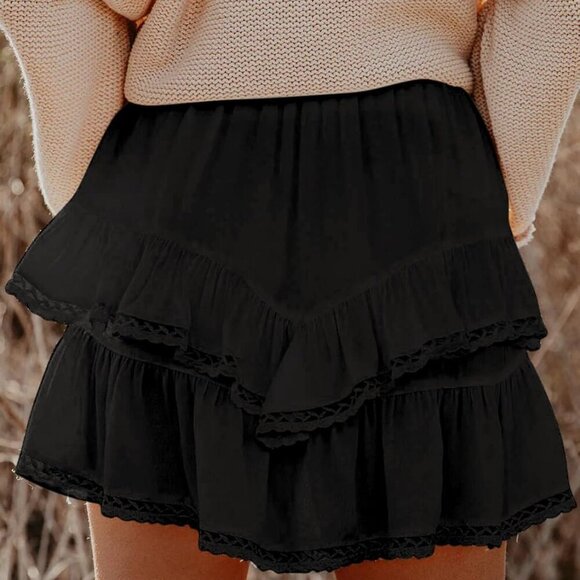 All Black High Waist Flowy Shorts with Ruffle Tiered Design for Women - Picture 2 of 5